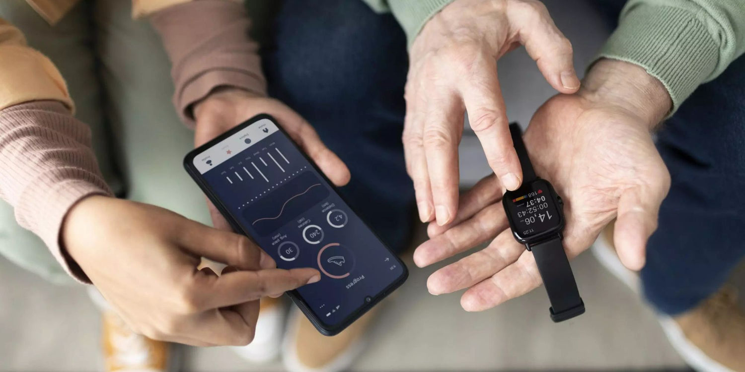 Two people holding a smartphone and a smartwatch, with a focus on digital interfaces.

